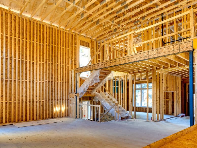Wood framing for a custom home under construction in Toronto