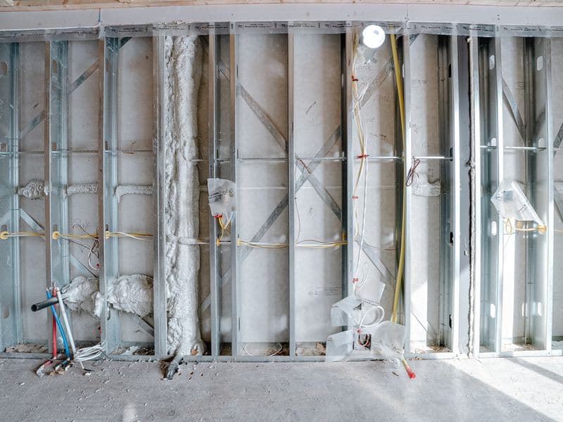 Metal stud wall with fire-rated sheathing, spray foam insulation on pipes, and electrical rough-in