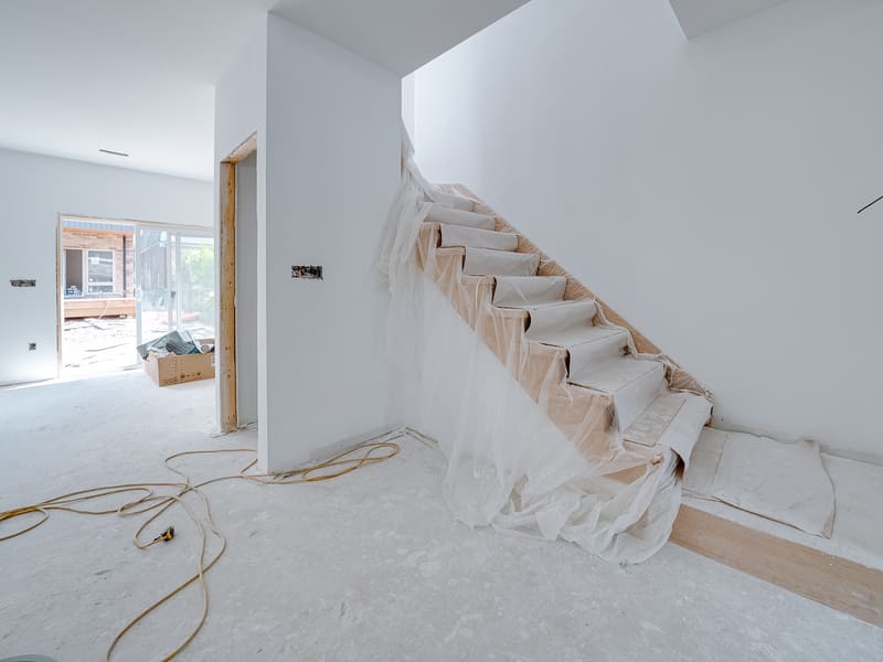Interior staircase with completed drywall finishing and open concept living area