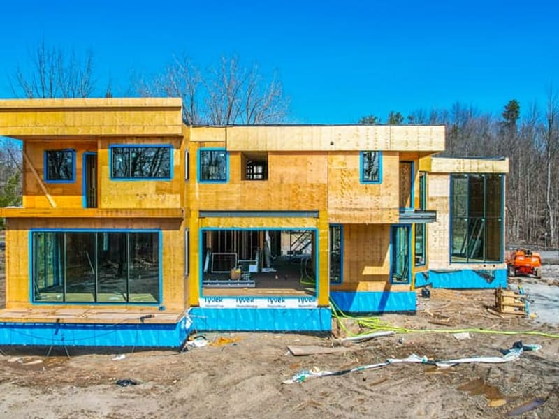 Rear elevation of modern custom home showing OSB sheathing with Tyvek housewrap and large windows