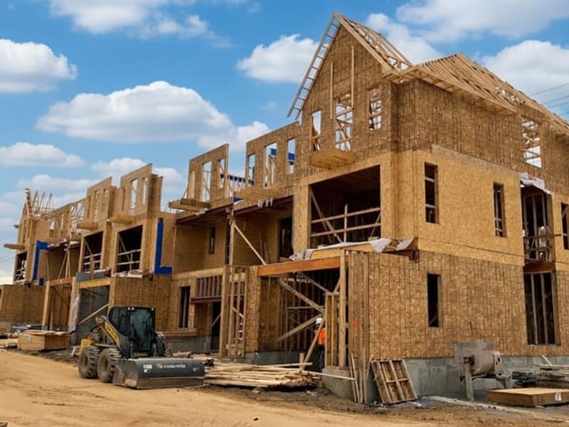 Three-storey townhome block during wood framing with OSB sheathing and skid steer on site