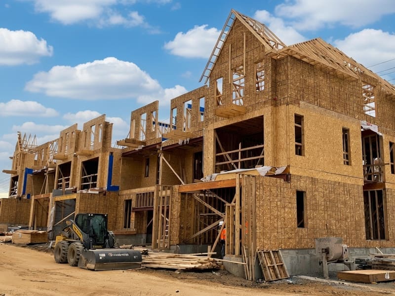 Three-storey townhome block during wood framing with OSB sheathing and roof trusses in Markham