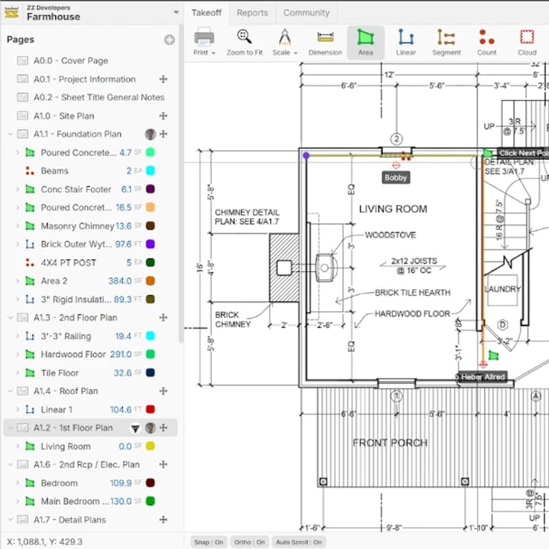 Construction takeoff software showing framing quantities