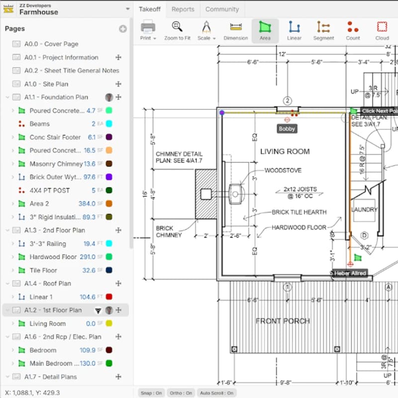 Construction takeoff software showing framing quantities