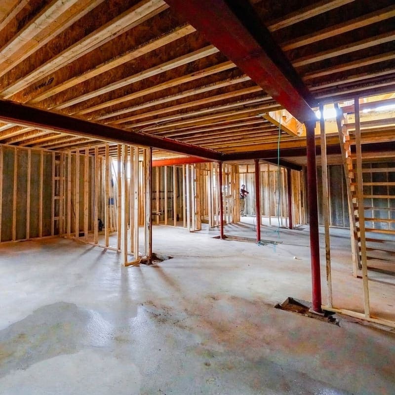 Basement framing showing multiple rooms and bulkheads