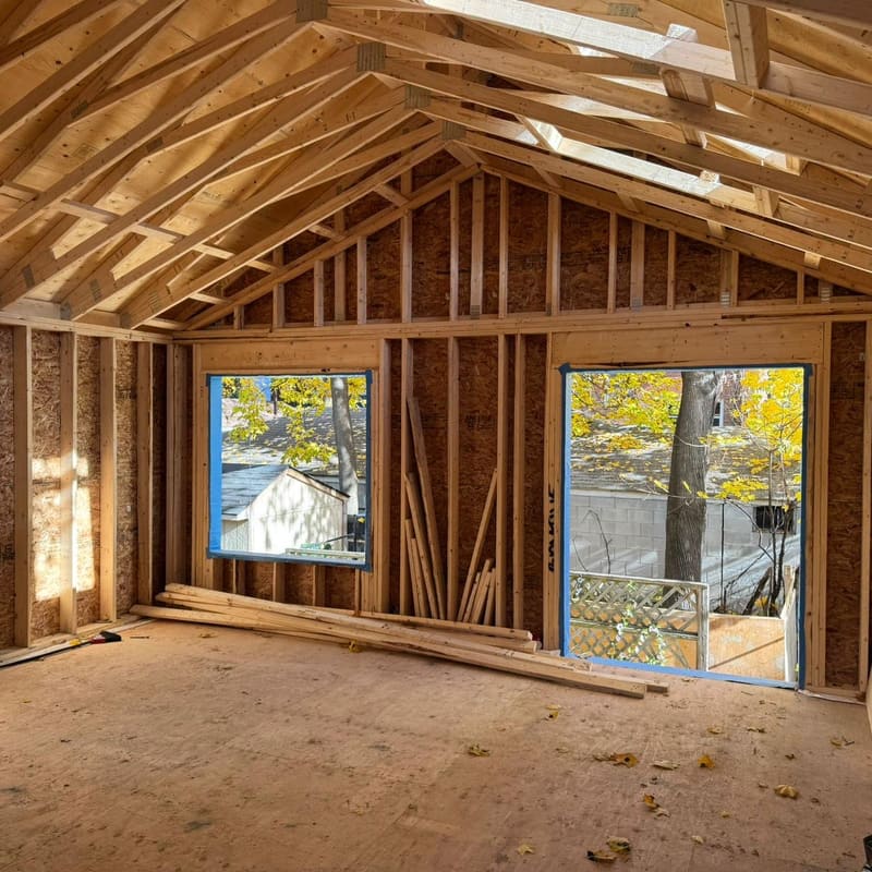 Garden suite wood framing under construction in Toronto backyard